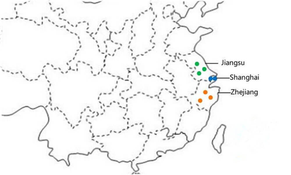 Jiangsu province and Zhejiang province in the map