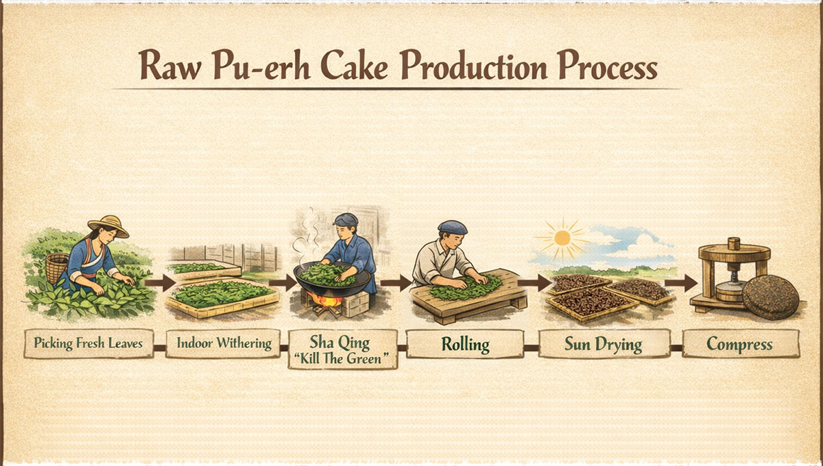 Etapes de fabrication d'un Pu'Er Sheng : Cueillette, flétrissement, fixation à la chaleur, roulage, séchage au soleil, compression.