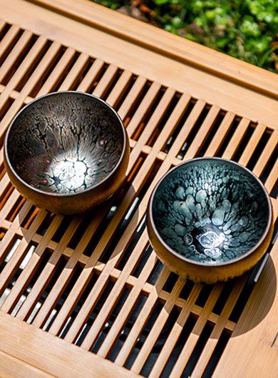 Handmade Jianyang Jianzhan Tea Cups - Golden Pink and Deep Blue Couple Cups