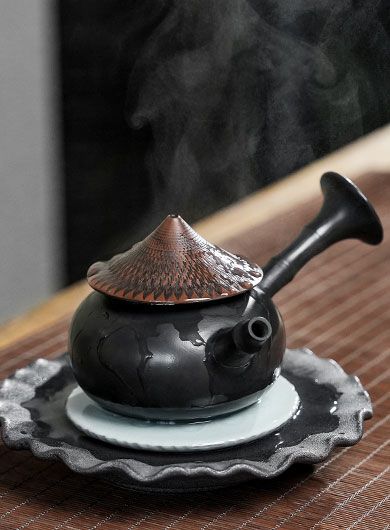 Handmade Jianshui Zitao Pottery Bamboo Hat Side Handle Teapot 