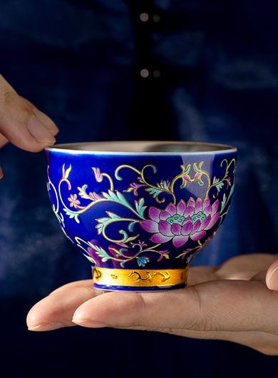 Silver Blue Lotus Porcelain Tea Cup