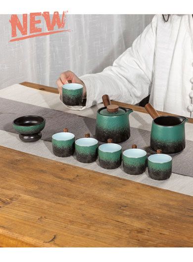 Pottery Tea Set with Wooden Handles