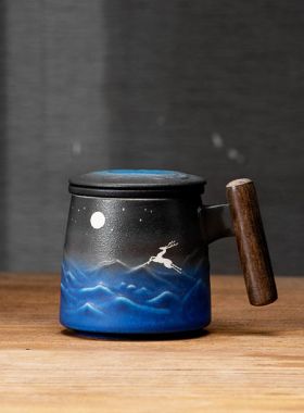 Reindeer Black Ceramic Tea Mug with Infuser